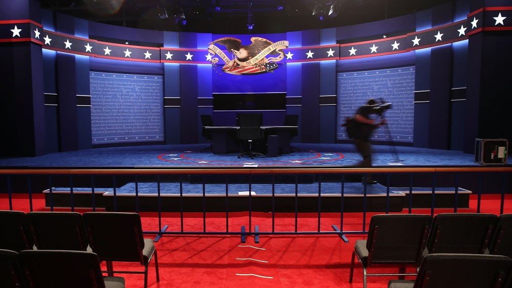 The stage is set for tonights vice presidential debate scheduled at Longwood University Oct. 4, 2016 in Farmville, Va. (Photo by Mark Wilson/Getty)