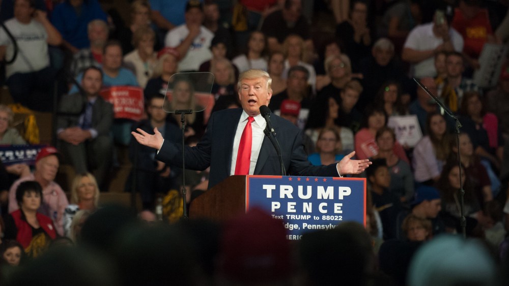 Republican candidate for President Donald J Trump speaks to supporters at a rally at Ambridge Area Senior High School on Oct. 10, 2016 in Ambridge, Pa. (Photo by Jeff Swensen/Getty)