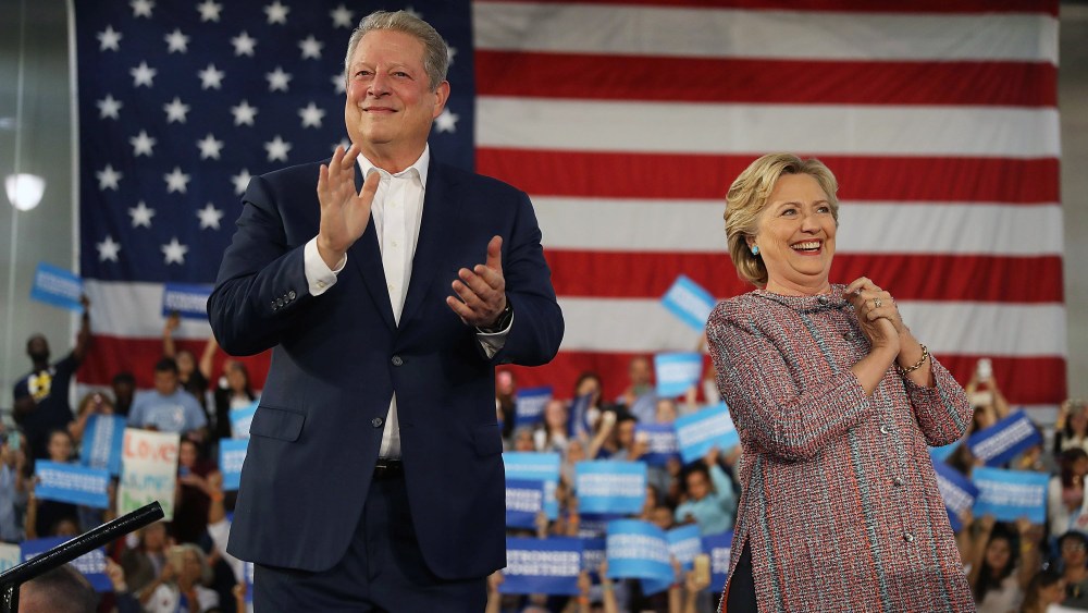 Democratic presidential nominee former Secretary of State Hillary Clinton and former Vice President Al Gore campaign together at the Miami Dade College - Kendall Campus, Theodore Gibson Center on Oct. 11, 2016 in Miami, Fla. (Photo by Joe Raedle/Getty)