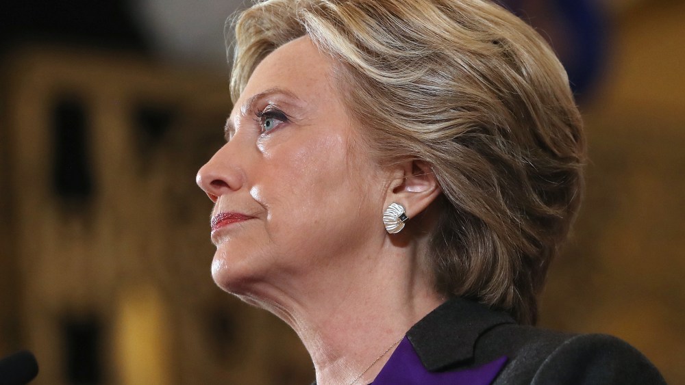 Former Secretary of State Hillary Clinton concedes the presidential election at the New Yorker Hotel on Nov. 9, 2016 in New York City. (Photo by Justin Sullivan/Getty)