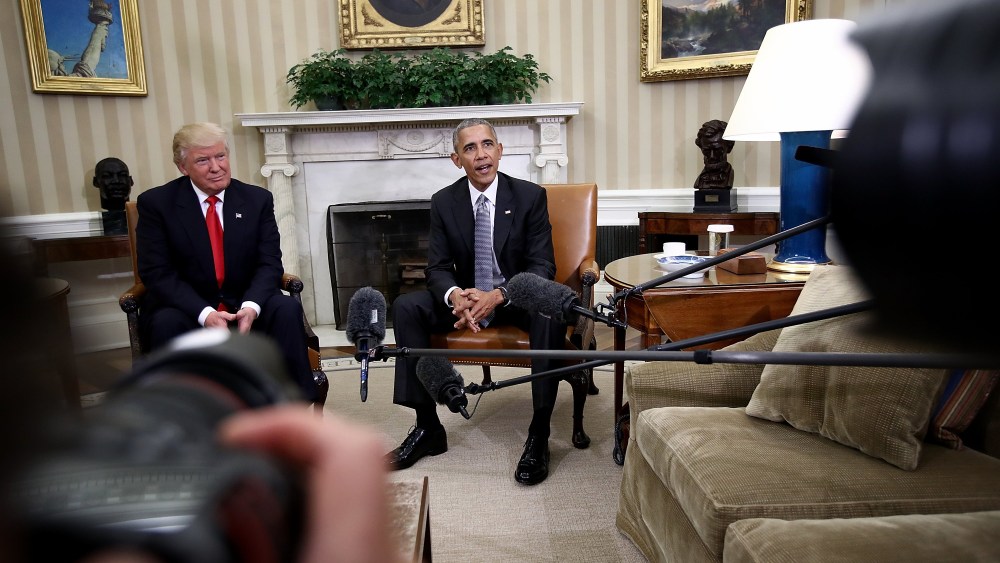 U.S. President Barack Obama speaks while meeting with President-elect Donald Trump following a meeting in the Oval Office Nov. 10, 2016 in Washington, DC. (Photo by Win McNamee/Getty)