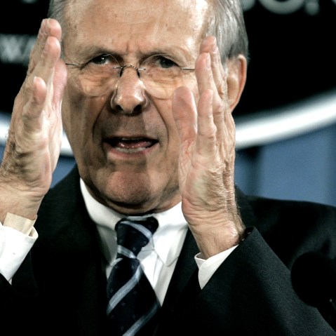 Then-U.S. Secretary of Defense Donald Rumsfeld speaks to reporters in the briefing room at the Pentagon on Oct. 26, 2006 in Arlington, Va.