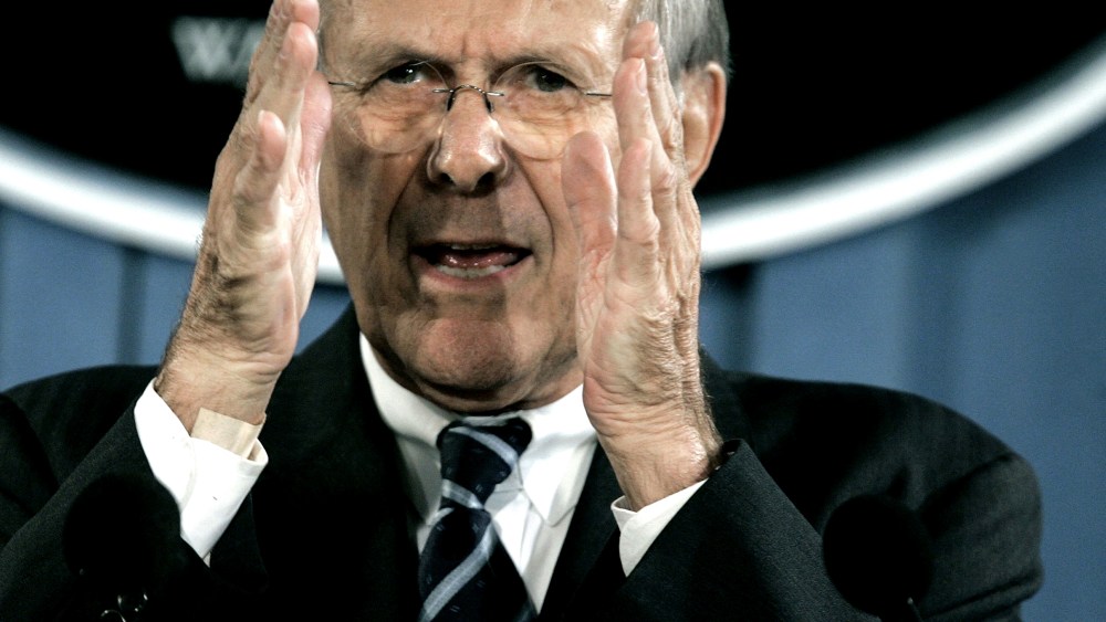 Then-U.S. Secretary of Defense Donald Rumsfeld speaks to reporters in the briefing room at the Pentagon on Oct. 26, 2006 in Arlington, Va.