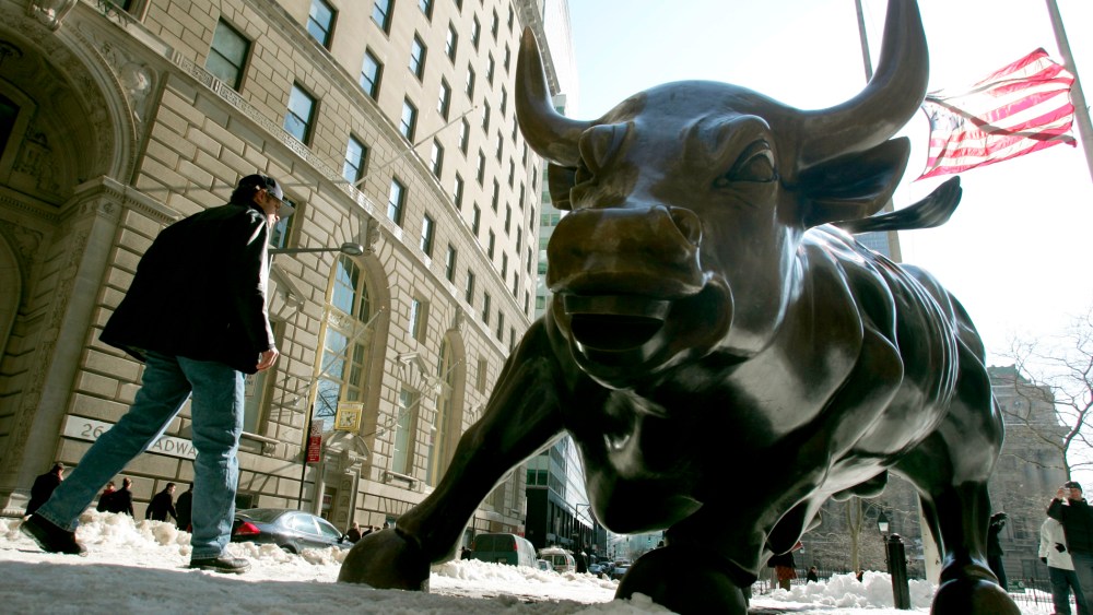 The bronze 'Charging Bull' sculpture that symbolizes Wall Street is photographed Tuesday, Feb. 14, 2006, in the financial district of New York.