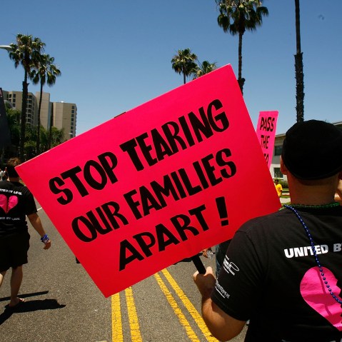 File Photo: A group that wants immigration reform for gay partners marches in the Pride Parade at the conclusion of the two-day 25th annual Long Beach Lesbian and Gay Pride Festival and Celebration on May 18, 2008 in Long Beach, California. (Photo by...