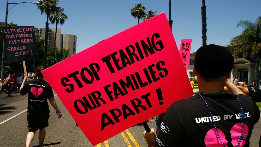 File Photo: A group that wants immigration reform for gay partners marches in the Pride Parade at the conclusion of the two-day 25th annual Long Beach Lesbian and Gay Pride Festival and Celebration on May 18, 2008 in Long Beach, California. (Photo by...