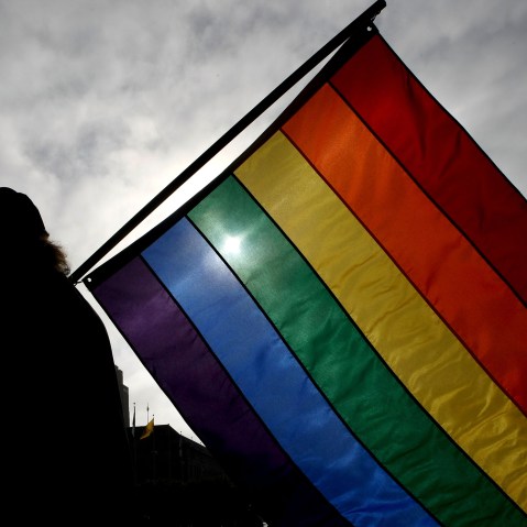 A man holds a gay pride flag. (Photo by Justin Sullivan/Getty)
