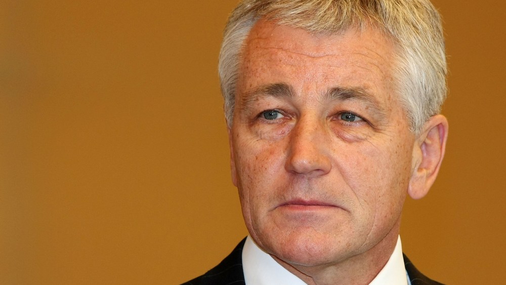 File Photo:  Senior US Senator Chuck Hagel waits for Japanese Prime Minister Taro Aso at the premier's official residence on October 16, 2008 in Tokyo, Japan. (Photo by Junko Kimura/Getty Images/File)