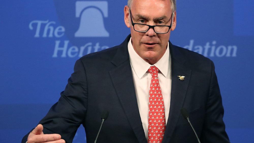 Interior Secretary Ryan Zinke addresses criticism of his travel practices before delivering a speech billed as "A Vision for American Energy Dominance." at the Heritage Foundation on September 29, 2017 in Washington, D.C.