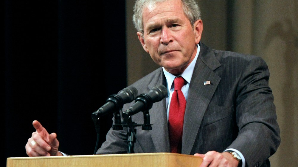 File Photo: Former President George W. Bush speaks at the Economic Club of Southwestern Michigan May 28, 2009 in Benton Harbor, Michigan. Bush was to discuss his presidency and life, as well as the economy and world events in his first speech since...