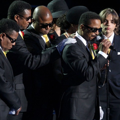 (L-R) Tito Jackson, Jermaine Jackson, Randy Jackson, La Toya Jackson, Janet Jackson and Michael Jackson's son Prince Michael Jackson look on as Marlon Jackson (2nd R) speaks during the Michael Jackson public memorial service held at Staples Center on...