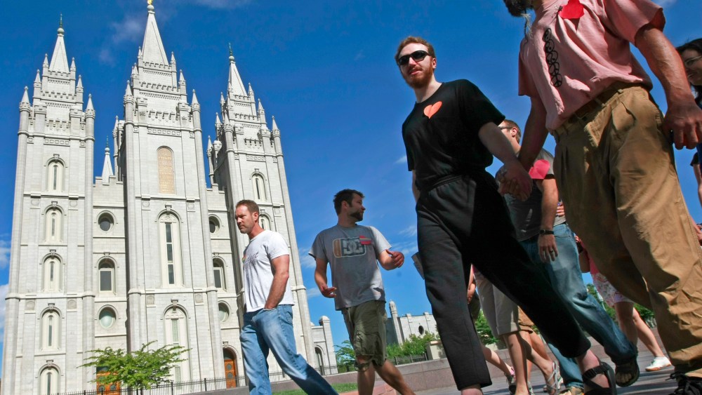 Gay Activists Gather At Mormon Temple For "Kiss In"