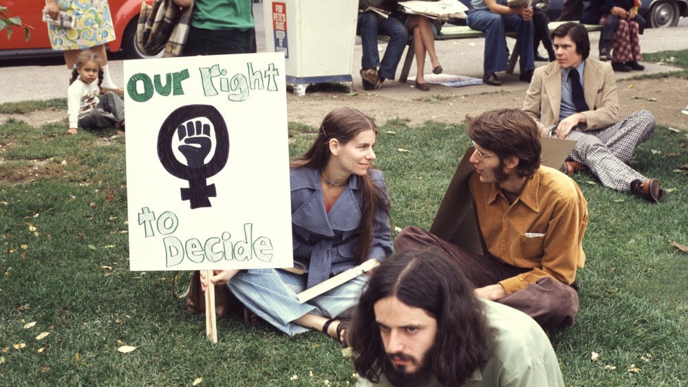 People gather at a reproductive rights demonstration, Pittsburgh, PA, 1974.