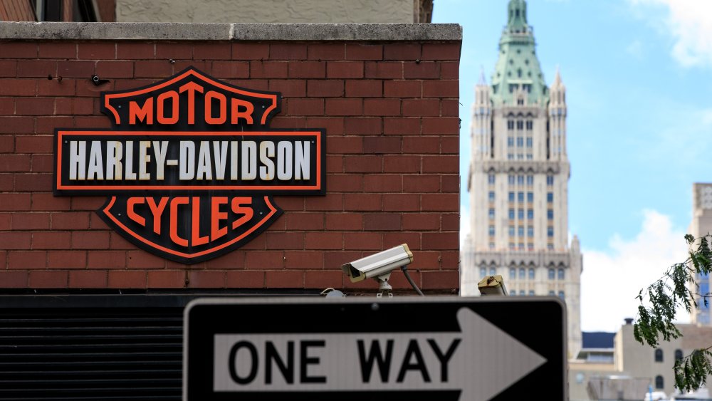 The Harley Davidson logo is displayed on the outside of the Harley-Davidson of New York City store, June 25, 2018 in New York City.