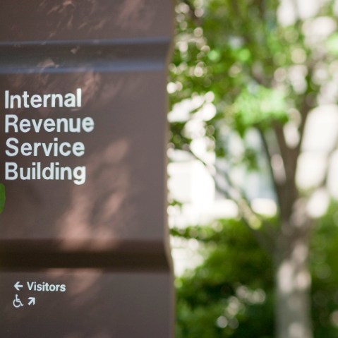 A sign identifies the Internal Revenue Service (IRS) building in Washington, D.C. on May 7, 2010. (Photo by Andrew Harrer/Bloomberg/Getty)