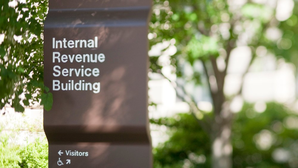A sign identifies the Internal Revenue Service (IRS) building in Washington, D.C. on May 7, 2010. (Photo by Andrew Harrer/Bloomberg/Getty)