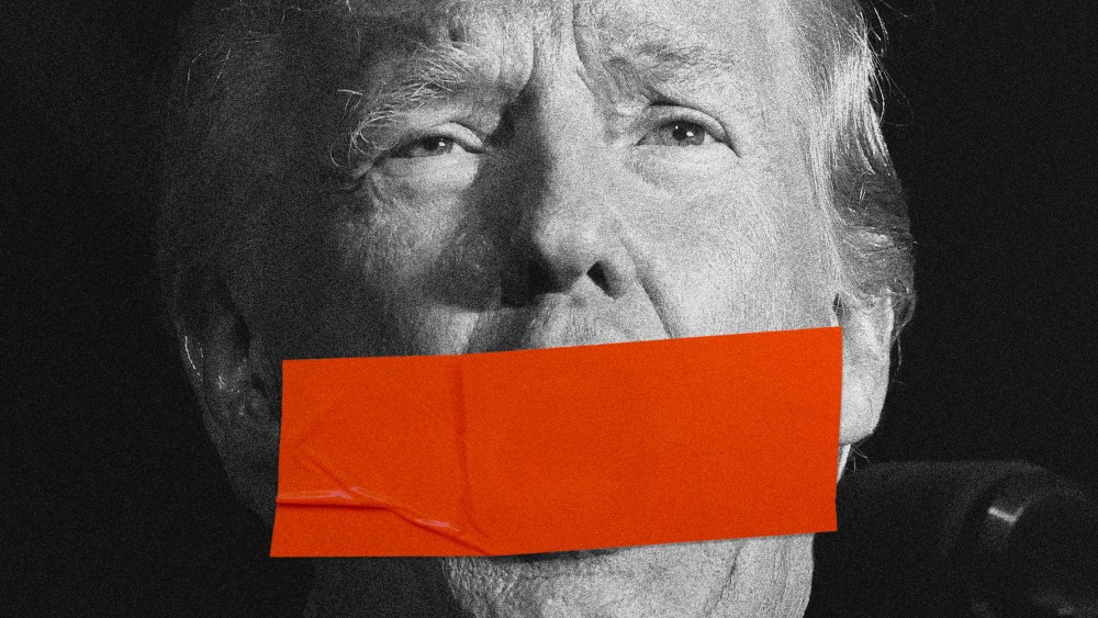 Donald Trump with red tape over his face