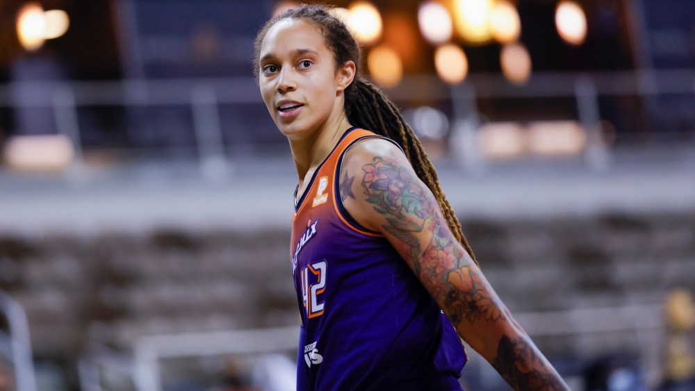 Brittney Griner of the Phoenix Mercury during a game against the Indiana Fever at Indiana Farmers Coliseum on September 6, 2021 in Indianapolis.