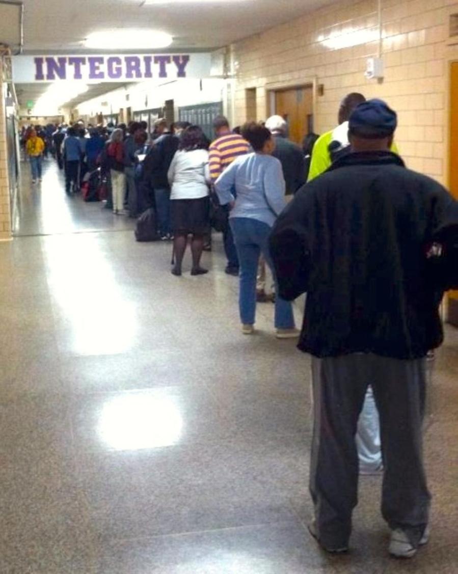 Early voting lines in west Baltimore, Park Heights neighborhood, where over 500 people were constantly streaming in to vote....