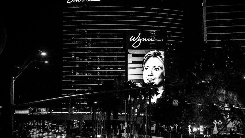 A billboard showing a picture of Democratic Presidential candidate Hillary Clinton advertising the upcoming Democratic Presidential debate is seen at the Wynn Las Vegas resort and casino on Oct. 12, 2015 in Las Vegas, Nev.