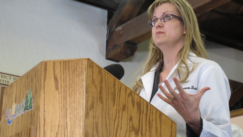 Dr. Stephanie Dahl, a Fargo infertility specialist, speaks out against two anti-abortion bills in the North Dakota Legislature during a news conference Monday, March 18, 2013, in Fargo, N.D. Dahl says the bills could restrict or ban in vitro...