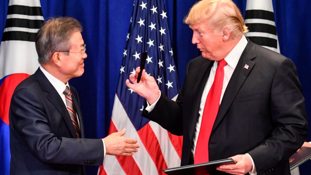 US President Donald Trump and South Korean President Moon Jae-in sign a trade agreement at a bilateral meeting in New York on September 24, 2018, a day before the start of the General Debate of the 73rd session of the General Assembly.