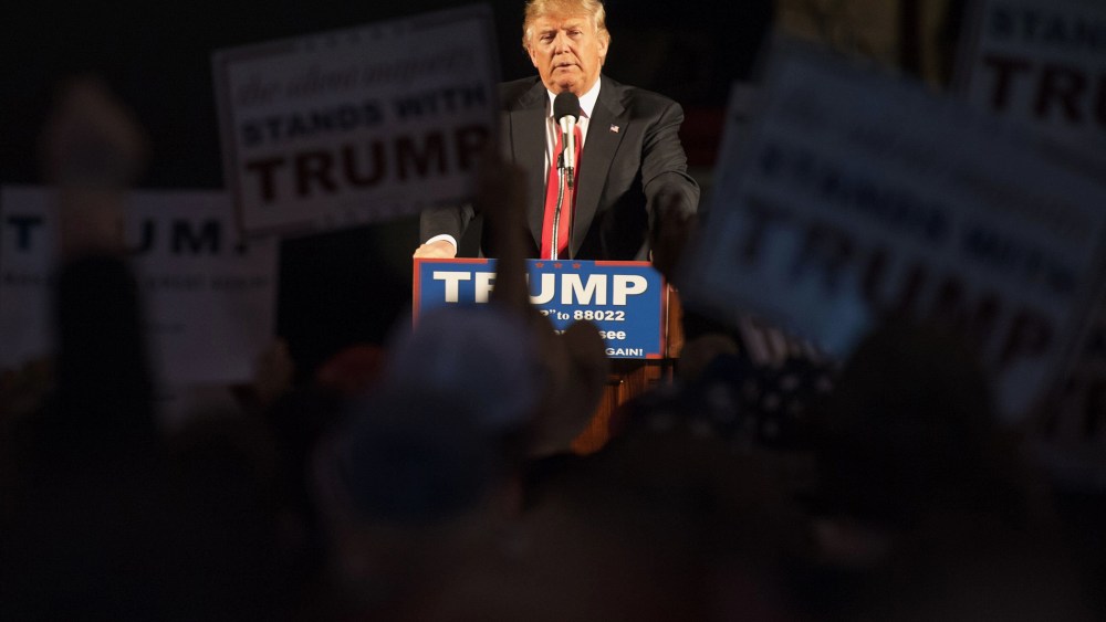 Republican presidential candidate Donald Trump addresses a rally at Millington Regional Jetport on Feb. 27, 2016 in Millington, Tenn. (Photo by Michael B. Thomas/AFP/Getty)