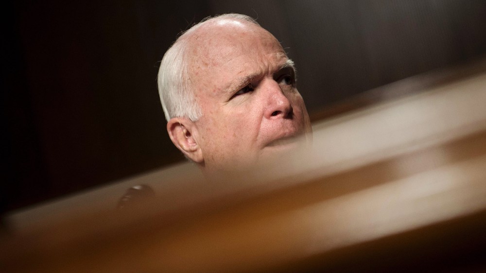 Committee chairman Senator John McCain (R-AZ) listens during a hearing of the Senate Armed Services Committee, March 8, 2016 in Washington, DC. (Photo by Brendan Smialowski/AFP/Getty)