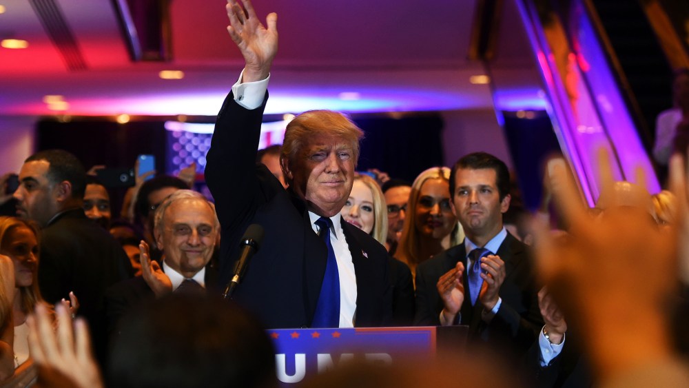 Republican presidential candidate Donald Trump speaks following victory in the New York state primary on April 19, 2016 in New York, N.Y. (Photo by Jewel Samad/AFP/Getty)