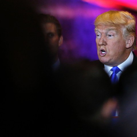 Republican presidential frontrunner Donald Trump addresses a celebration rally at Trump Tower in New York on April 26, 2016. (Photo by Kena Betancur/AFP/Getty)