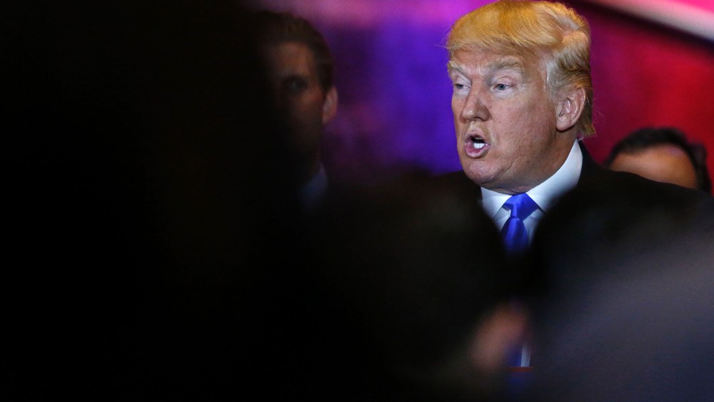Republican presidential frontrunner Donald Trump addresses a celebration rally at Trump Tower in New York on April 26, 2016. (Photo by Kena Betancur/AFP/Getty)