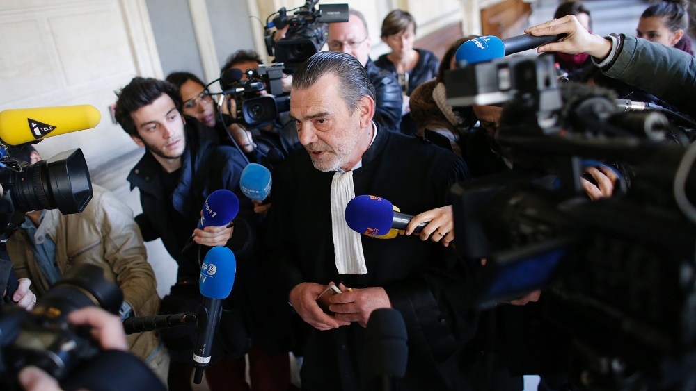 Frank Berton, lawyer of Paris attacks suspect Salah Abdeslam, speaks to the press at the Paris courthouse on April 27, 2016. (Photo by Matthieu Alexandre/AFP/Getty)