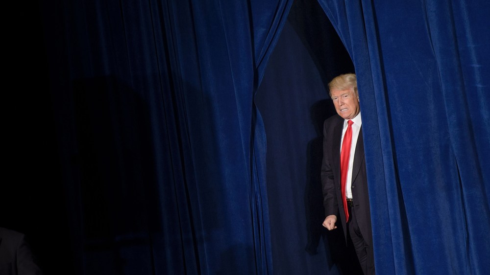 Republican presidential candidate Donald Trump arrives to speak about foreign policy at the Mayflower Hotel April 27, 2016 in Washington, D.C. (Photo by Brendan Smialowski/AFP/Getty)