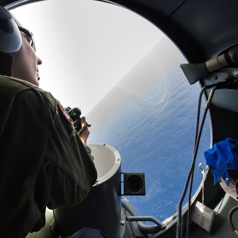 A French soldier searches for debris from the crashed EgyptAir flight MS804 over the Mediterranean Sea, May 20, 2016. (Photo by Alexandre Groyer/Marine Nationale/AFP/Getty)
