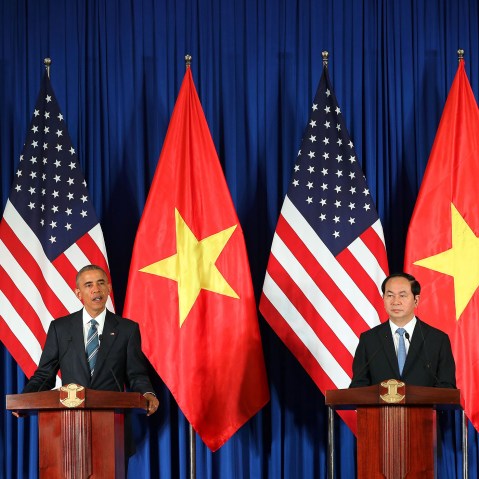 Vietnam's President Tran Dai Quang (R) and President Barack Obama (L) take part in a joint press conference at the International Convention Center in Hanoi on May 23, 2016. (Photo by Luong Thai Linh/AFP/Getty)