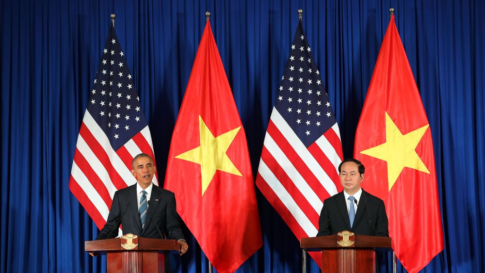 Vietnam's President Tran Dai Quang (R) and President Barack Obama (L) take part in a joint press conference at the International Convention Center in Hanoi on May 23, 2016. (Photo by Luong Thai Linh/AFP/Getty)