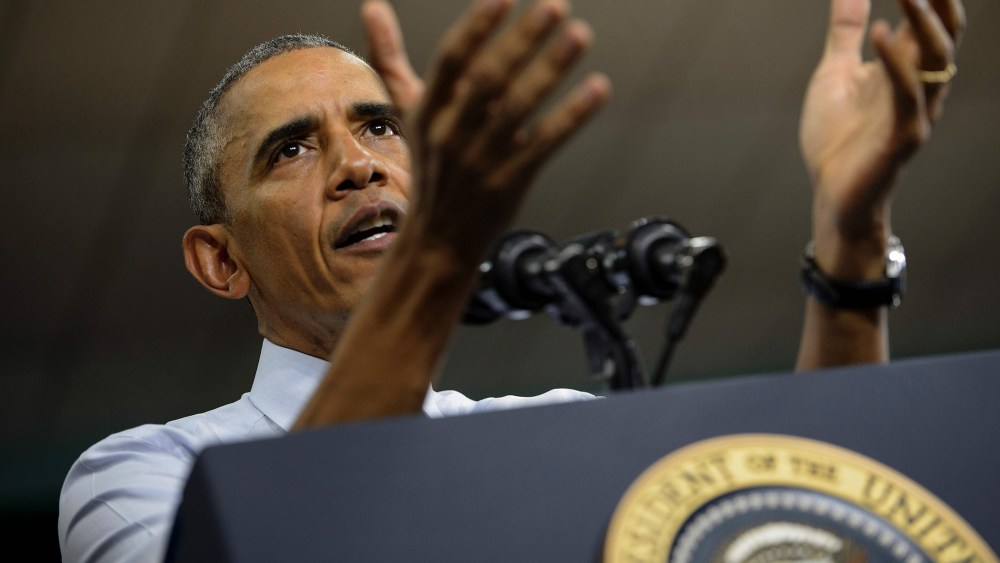 President Barack Obama delivers remarks on the economy at Concord Community High School, June 1, 2016 in Elkhart, Ind. (Photo by Brendan Smialowski/AFP/Getty)