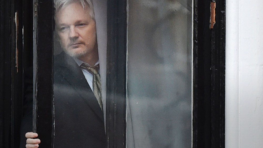 This file photo taken on Feb. 05, 2016 shows WikiLeaks founder Julian Assange coming out on the balcony of the Ecuadorian embassy to address the media in central London. (Photo by Ben Stansall/AFP/Getty)