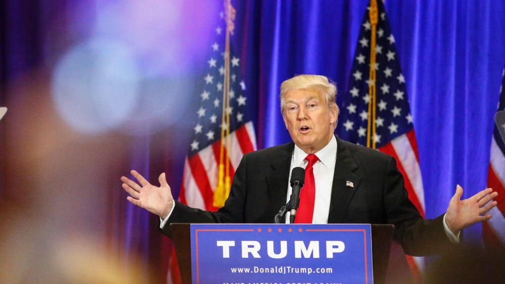 Presumptive Republican presidential nominee Donald Trump speaks at the Trump Soho Hotel in New York on June 22, 2016. (Photo by Kena Betancur/AFP/Getty)