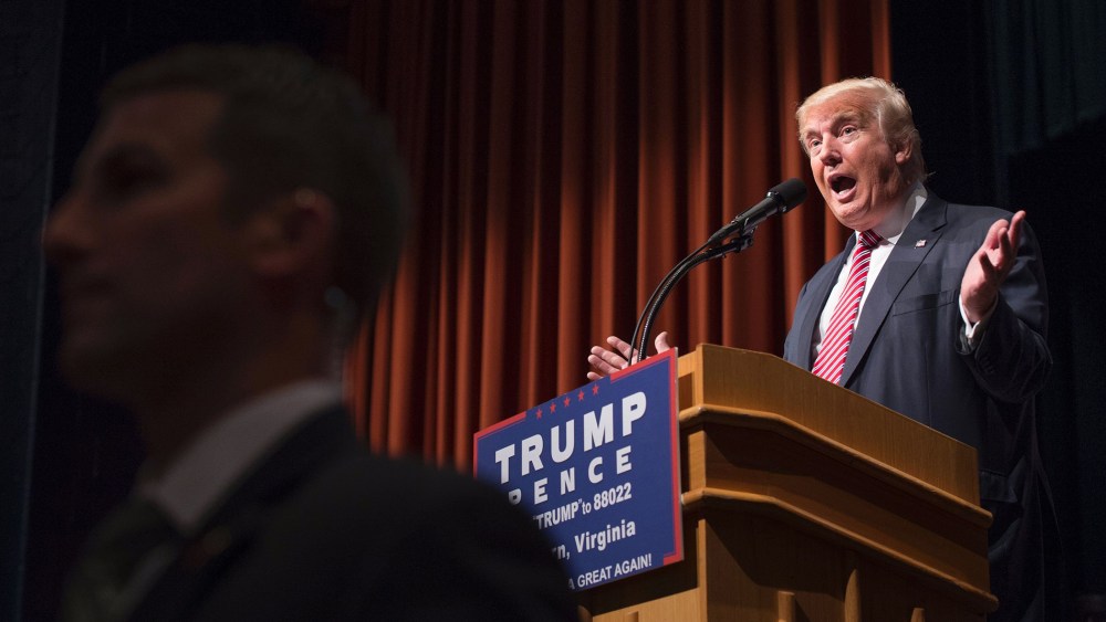 Republican presidential nominee Donald Trump speaks during a campaign event at Briar Woods High School, Aug. 2, 2016, in Ashburn, Va. (Photo by Molly Riley/AFP/Getty)
