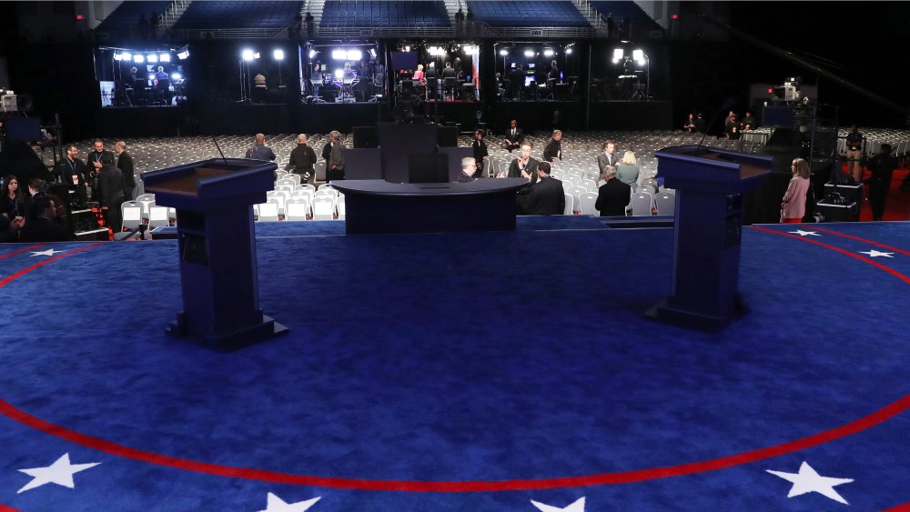 Image showing the empty stage of the first presidential debate at Hofstra University's David & Mack Sport and Exhibition Complex, Sept. 26, 2016 in Hempstead, N.Y.  (Photo by Joe Raedle/Pool/AFP/Getty)