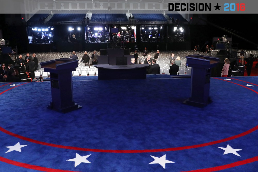 Image showing the empty stage of the first presidential debate at Hofstra University's David & Mack Sport and Exhibition Complex, Sept. 26, 2016 in Hempstead, N.Y. (Photo by Joe Raedle/Pool/AFP/Getty)