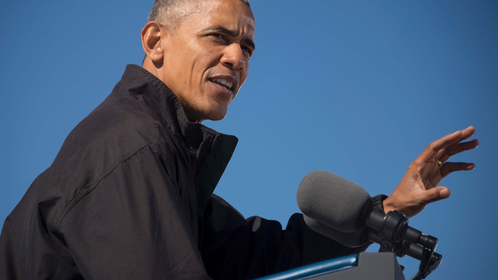US President Barack Obama speaks at a Hillary for America campaign event, Oct. 14, 2016, in Cleveland, Ohio. (Photo by Jim Watson/AFP/Getty)