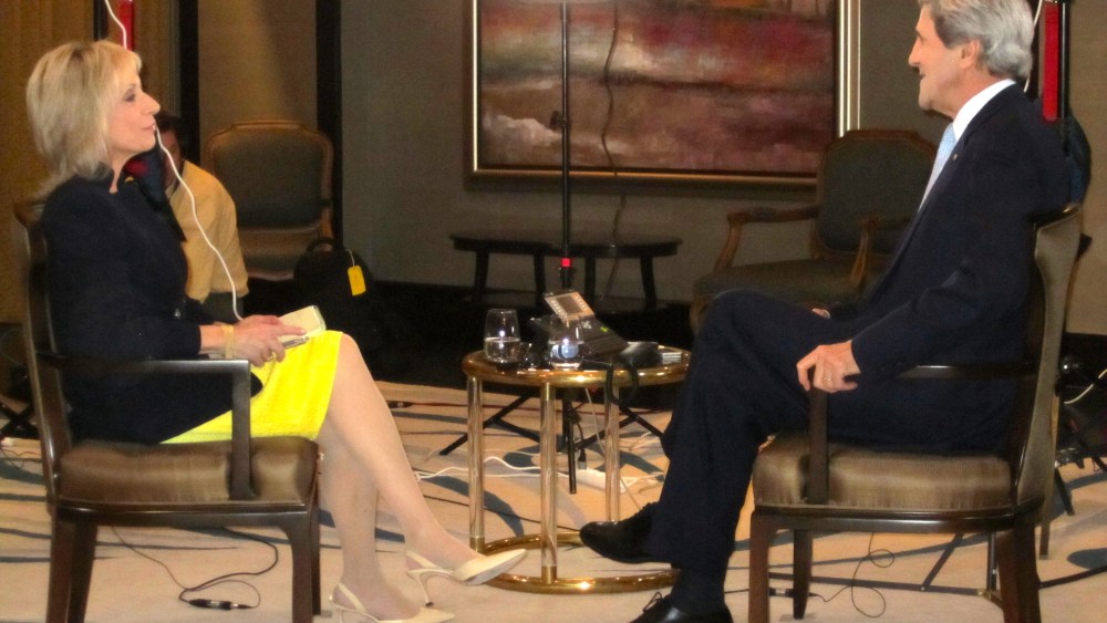 Andrea Mitchell interviews Secretary of State John Kerry in Doha, Qatar. March 5, 2013. (Photo: Catherine Chomiak/NBC News)