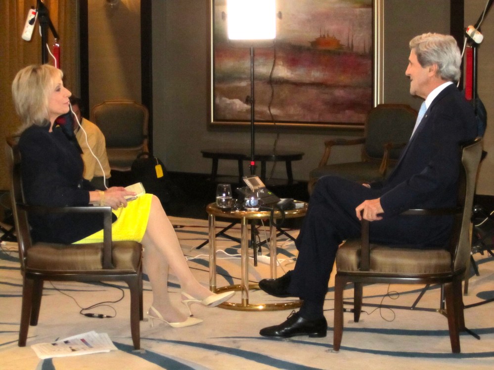 Andrea Mitchell interviews Secretary of State John Kerry in Doha, Qatar. March 5, 2013. (Photo: Catherine Chomiak/NBC News)