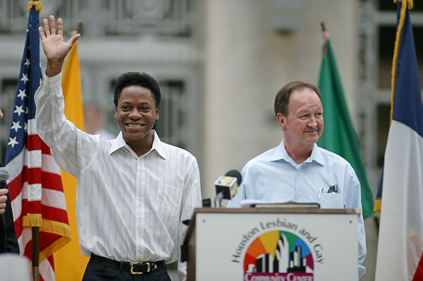 John Lawrence, left, and Tyron Garner, right, during a press conference in Houston Thursday June 26, 2003. (Photo by Michael Stravato/AP)