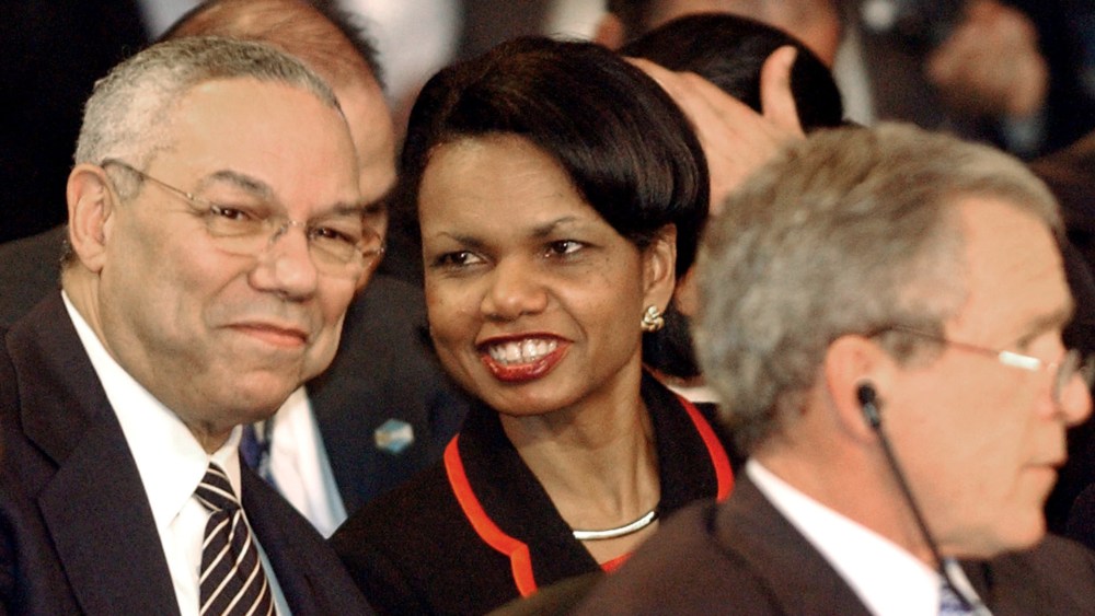Then-Secretary of State Colin Powell and U.S. National Security Adviser Condoleezza Rice during the plenary session of the Special Summit of the Americas in Monterrey, Mexico, Jan. 13, 2004. (Photo by Jaime Puebla/AP)