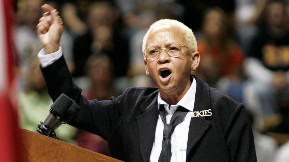 Virginia Tech English Professor, Nikki Giovanni, speaks closing remarks at a convocation to honor the victims of a shooting rampage at Virginia Tech in Blacksburg, Va. on April 17, 2007.
