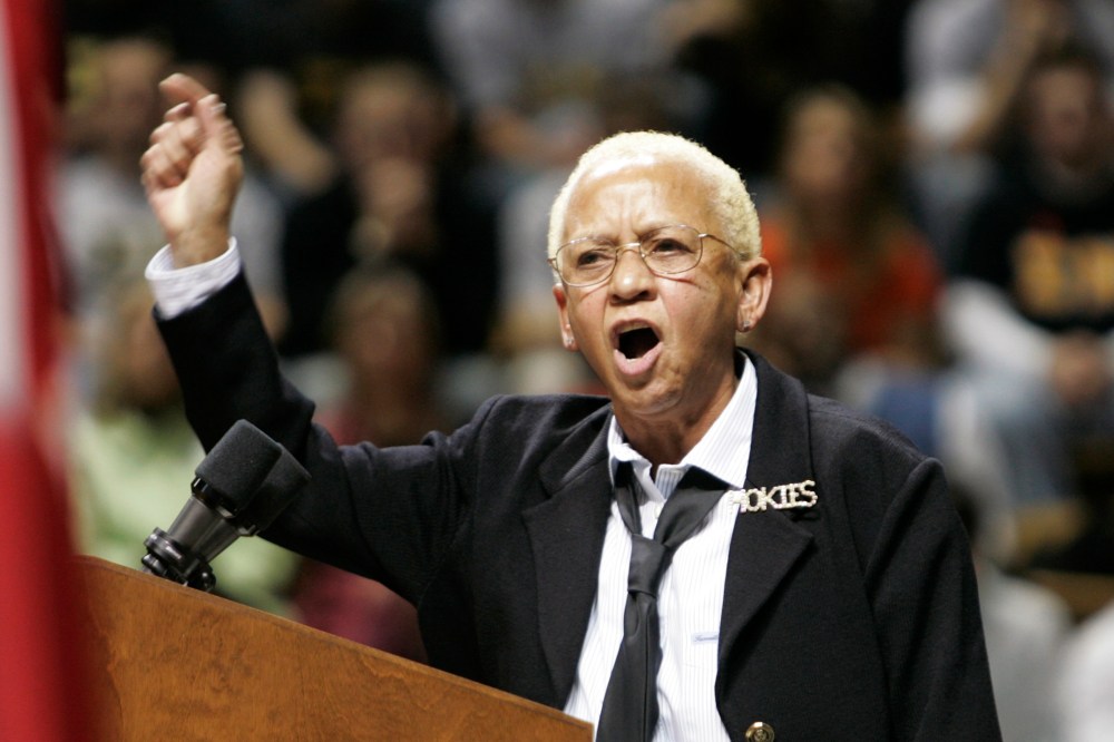 Virginia Tech English Professor, Nikki Giovanni, speaks closing remarks at a convocation to honor the victims of a shooting rampage at Virginia Tech in Blacksburg, Va. on April 17, 2007.