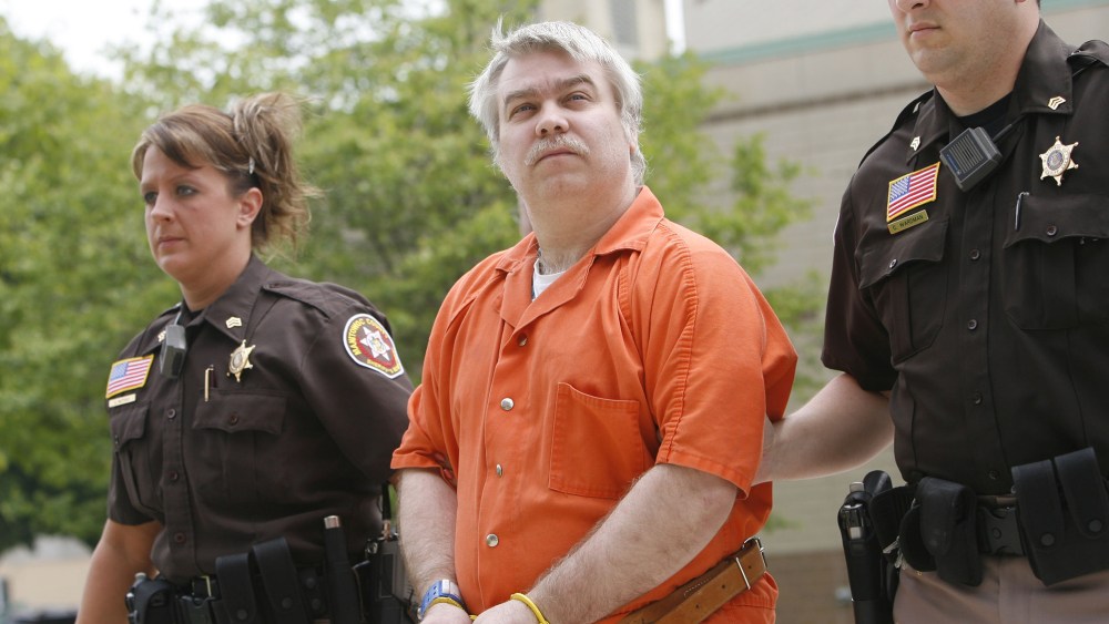 Steven Avery is escorted to the Manitowoc County Courthouse for his sentencing, June 1, 2007, in Manitowoc, Wis. (Photo by Dan Powers/Post-Crescent/AP)